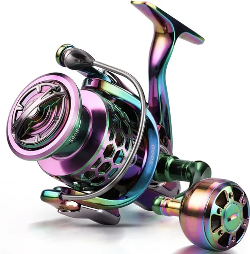 Vista 2 de Sougayilang Carrete de pesca, carretes giratorios de marco de aluminio colorido con 12+1 BB inoxidable, mango de aluminio de gran tamaño para pesca
