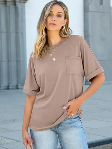 Vista 2 de ANRABESS - Camiseta de manga corta para mujer, estilo oversized, casual, suelta, básica, para verano, con bolsillo Caqui