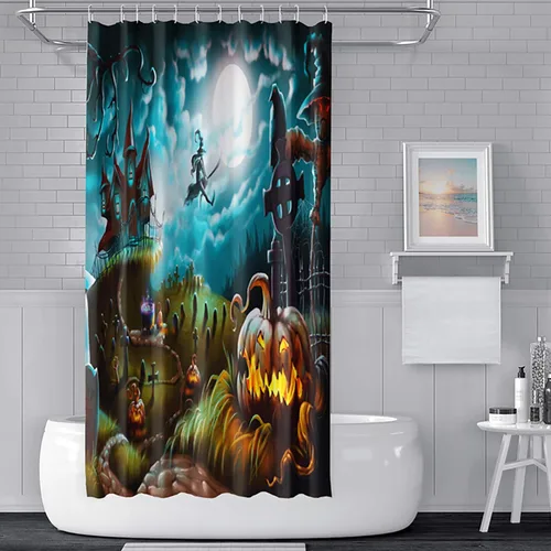Vista 6 de Cortina de ducha de Halloween, cortinas de ducha de calabaza aterradora para baño, casa cazada de brujas, cortina de baño, cortina de baño