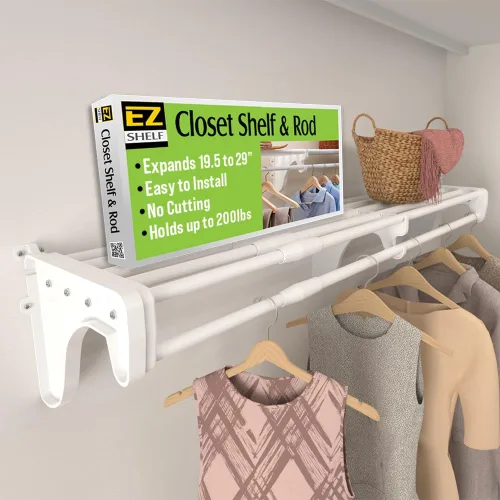 Vista 7 de EZ SHELF - Estante de armario con barra para colgar – Ampliable de 42.5 a 75 pulgadas, color plateado, estantes de armario – Fuerte, soporta 200