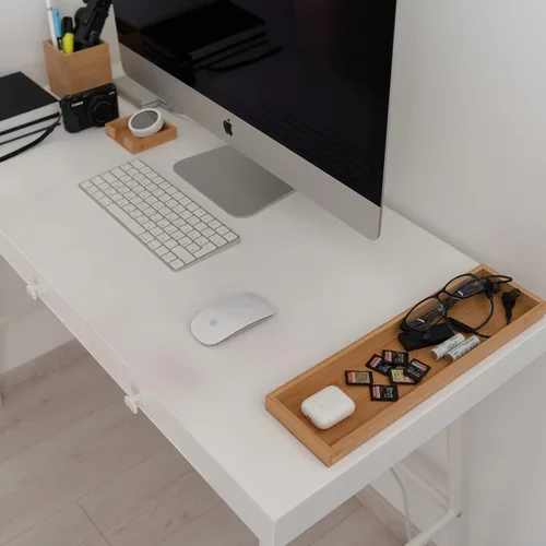 Vista 4 de Bandeja de tocador de bambú y estante de bambú para monitor doble