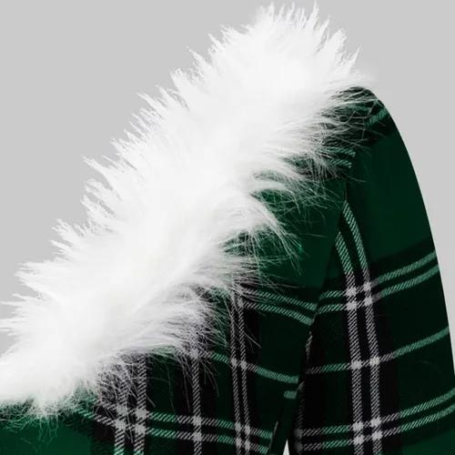 Vista 5 de Disfraz sexy de la señora Claus para mujeres adultas, cuello en V, vestido de Navidad retro rojo con estampado de Navidad, vestido de graduación