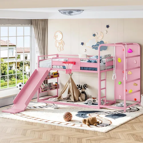 Vista 14 de Polibi Twin Metal Loft Bunk Bed with Basketball Hoop, Slide, Climbing Wall Loft Bed With Climbing Wall, Slide, Rings, And Bookshelves. A Fun Black
