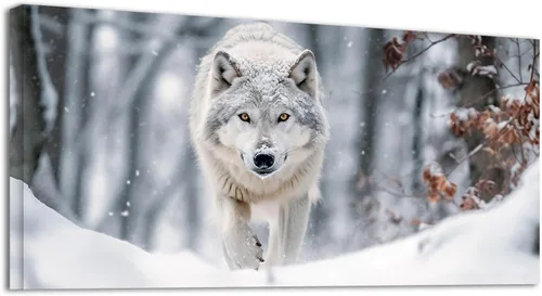 Vista 10 de YONICA Lienzo decorativo para pared, diseño de lobos corriendo en la nieve, mirando a lo lejos, alta definición, giclée, listo para colgar, adecuado