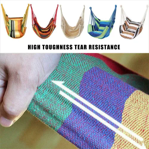 Vista 5 de Silla hamaca colgante de cuerda para interiores y exteriores, columpio de hamaca de tejido de algodón resistente, máximo 300 libras