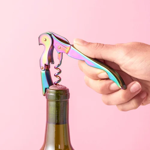 Vista 4 de Blush Mirage - Sacacorchos iridiscente de doble bisagra con abridor de botellas de cerveza integrado, llave de vino de acero inoxidable con cortador