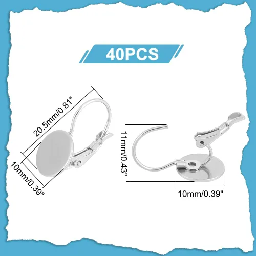 Vista 3 de UNICRAFTALE 40 piezas de aretes de acero inoxidable 304 con cierre de palanca, aretes planos, redondos, en blanco, cabujones, bandeja de bisel