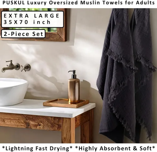Vista 3 de PÜSKÜL - Toalla de baño de muselina de gran tamaño de 2 piezas para adultos, toallas de baño extra grandes de 35 x 70 pulgadas, 100% algodón turco