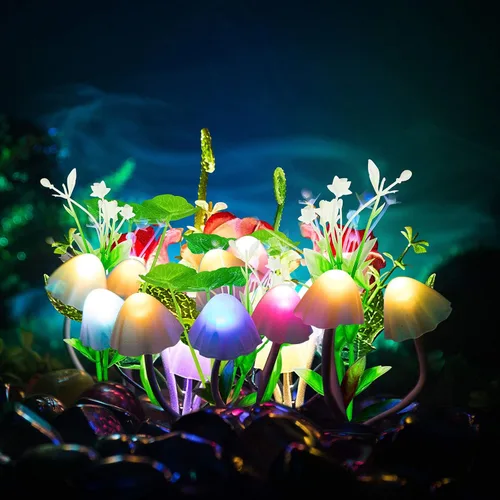 Vista 7 de Mudder Juego de 6 lámparas nocturnas de hongos LED, lámpara de pared con enchufe, 7 colores cambiantes, lámpara mágica bonita en forma de hongo