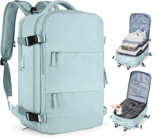 Vista 8 de Mochila de viaje grande, bolsa de mano, aprobada para aviones, para artículos personales, para hombre o mujer, color beige con marrón