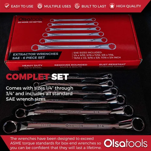 Vista 4 de Olsa Tools Juego de llaves de extremo de caja de 6 piezas, desplazamiento de 45 grados, acero al cromo vanadio, incluye bandeja organizadora