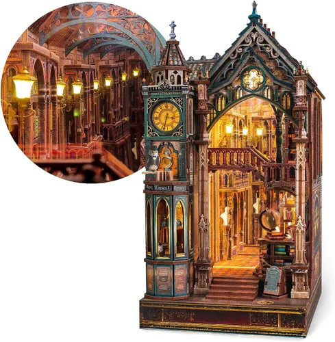 Vista 9 de FUNPOLA Kit de rincón de lectura del tren Sakura – Rompecabezas de madera 3D con LED y espejo infinito – Decoración de estantería DIY, manualidad