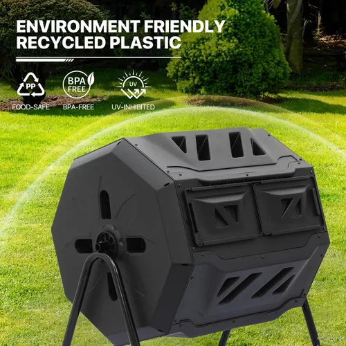 Vista 4 de MoNiBloom Compostador Giratorio de 43 Galones, Exterior Sin BPA Gran Cámara Doble Contenedor de Compost Giratorio Todas las Estaciones Trabajo