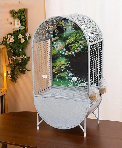 Vista 7 de DomeTop - Jaula para loros de hierro forjado, jaula para loros interiores, pajarero con puerta transparente, para loros pequeños, periquitos