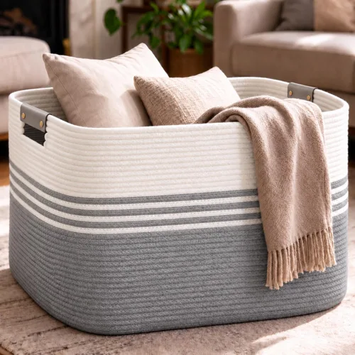 Vista 9 de DOFASAYI Cesta de Ropa Sucia - Cesta de Lavandería Grande de 85L con Asas de Cuero, Cesta de Almacenamiento Decorativa para Mantas - Cesta de Ropa