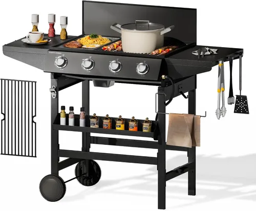 Vista 12 de MFSTUDIO - Parrilla de barbacoa a gas de 4 quemadores con quemador lateral, color negro