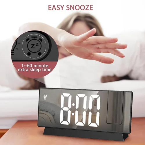 Vista 6 de LOFICOPER Reloj despertador de proyección, reloj digital de espejo de 7.8 pulgadas con proyector giratorio de 180°, brillo de 4 niveles, repetición