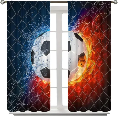 Vista 2 de Cortinas de fútbol, tratamientos de ventana con tema deportivo para niños, decoraciones de fútbol americano para niños, decoraciones de bola