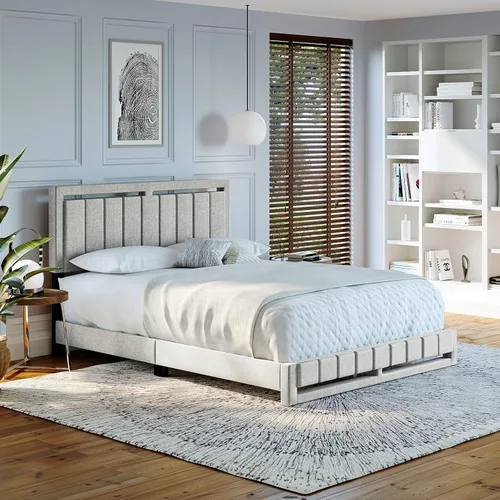 Vista 21 de Beaumont - Cama de plataforma tapizada con cabecero, base de colchón con 14 soportes de listones de madera, no requiere somier, piel sintética