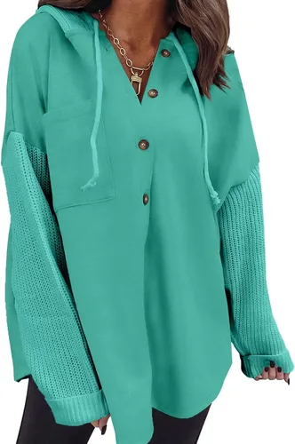 Vista 27 de SHEWIN - Sudadera de gran tamaño para mujer, de ajuste holgado, casual, manga larga, con botones, con capucha y bolsillos a gris
