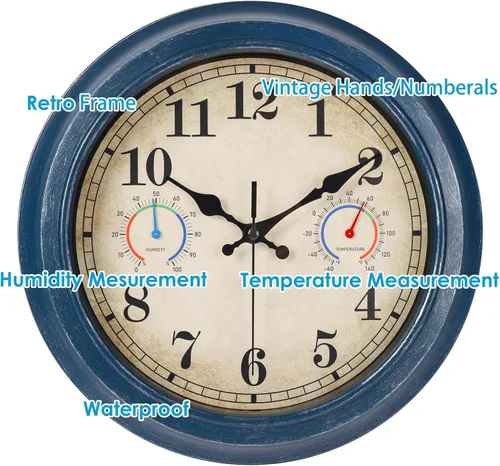 Vista 8 de Reloj de 12 Pulgadas para Exteriores con Termómetro e Higrómetro Combo, Reloj de Pared Impermeable para Interiores y Exteriores para Patio, Piscina