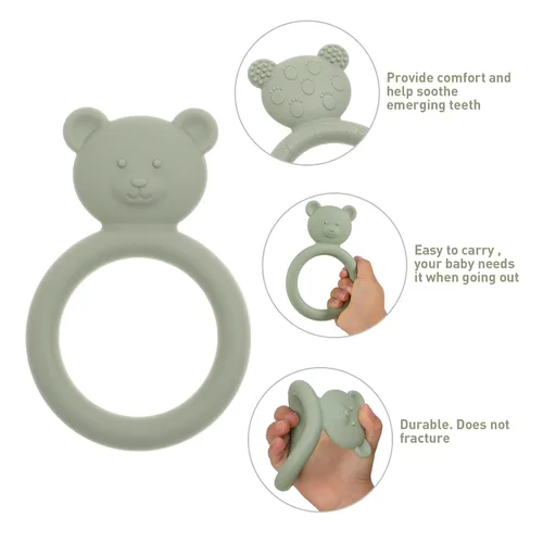 Vista 5 de Mordedor de silicona para bebés, anillo de juguete de dentición para bebés, diseño fácil de sostener, sin BPA (rosa poderosa + lila polvoriento)