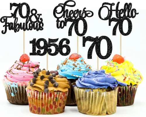 Vista 22 de Gyufise Paquete de 24 adornos negros para cupcakes de 10.º cumpleaños con purpurina negra 10 Ten Hello 10 Dights dobles desde 2015 para decoraciones