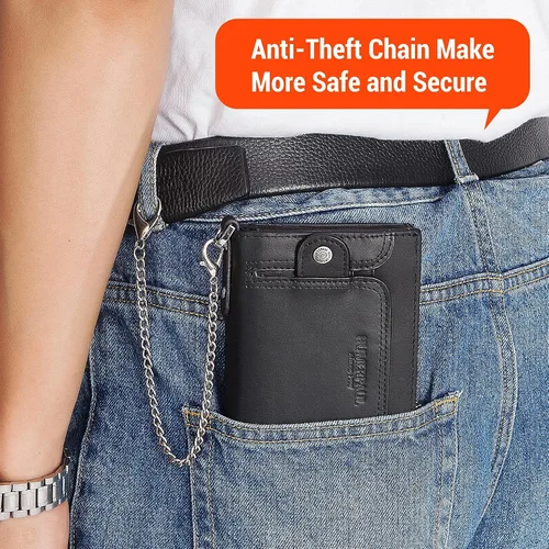 Vista 5 de gzcz Billeteras para hombre con cadena de cuero genuino plegable para hombre Rfid bloqueo monedero con tarjeta de crédito, Negro -, Moderno