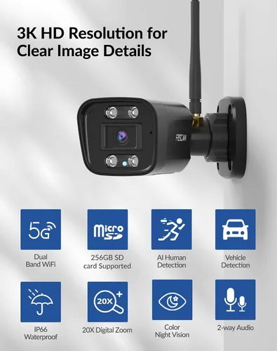 Vista 2 de FOSCAM Cámara inalámbrica de 3K 5MP para exteriores, cámara WiFi de 5 GHz y 2.4 GHz para seguridad en el hogar, cámara de vigilancia exterior FoV