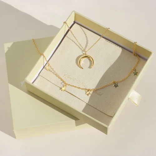 Vista 5 de Collar de luna para mujer, collar delicado de cuerno doble de media luna de oro de 18 quilates