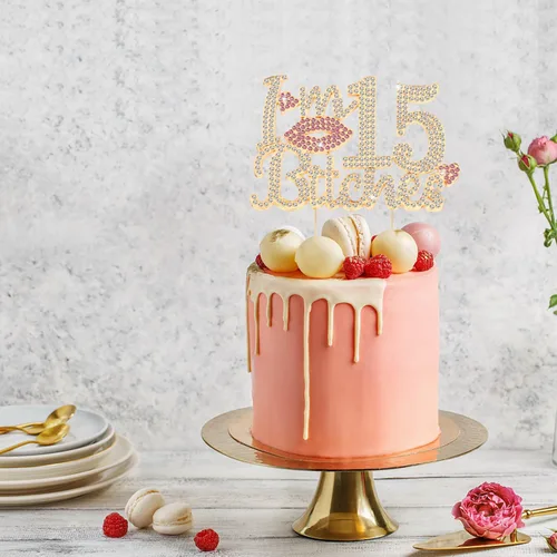 Vista 5 de ¡Soy el topper de pastel de cumpleaños número 15 divertido en oro y rosa con strass - ¡Feliz cumpleaños número 15, saludos a los quince años!