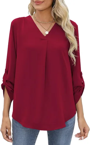Vista 2 de QUEZHU Blusas de manga 34 para mujer, estilo casual, elegante, de gasa, cuello en V, blusas