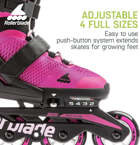 Vista 4 de Rollerblade Microblade - Patines en línea ajustables para niñas, color rosa y chicle, para jóvenes, rendimiento juvenil