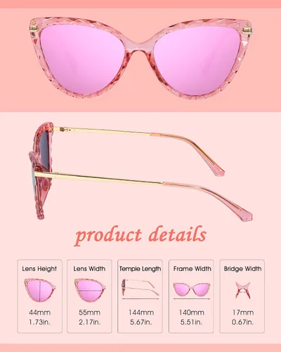 Vista 5 de LVIOE Gafas de sol polarizadas de ojo de gato para mujer con marco brillante compuesto de espejo LS04