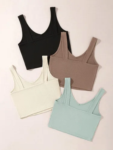 Vista 3 de Milumia Conjunto de 4 camisetas sin mangas con cuello en V de punto acanalado para mujer