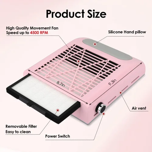 Vista 4 de CoFashion - Colector de polvo de uñas para uñas acrílicas, máquina de vacío, 80W, aspiradora eléctrica ajustable, filtro de uñas para manicura