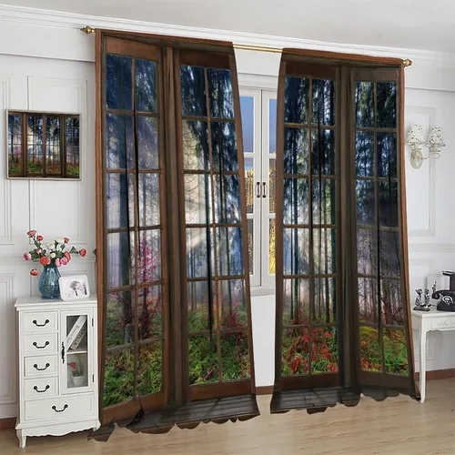 Vista 105 de Cortinas de paisaje, ventana 3D, primavera, bosque, vida silvestre, paisajes de naturaleza, dormitorio, sala de estar, cortinas térmicas opacas de 2