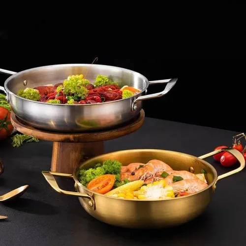 Vista 4 de Sartén de paella dorada de acero inoxidable de 7 pulgadas para cocinar recetas de arroz de paella fiesta en casa