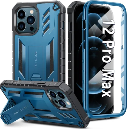Vista 10 de FNTCASE Funda para iPhone 12 Pro Max: [Protector de pantalla y soporte integrados] [Protección contra caídas de grado militar] Funda de teléfono