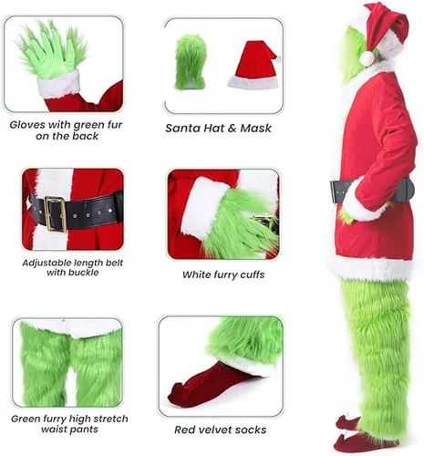 Vista 2 de casapre Green Monster CostumeChristmas Deluxe 7PCS for Adult Santa Furry Costume Suit Furry Adult Santa Suit Green Outfit