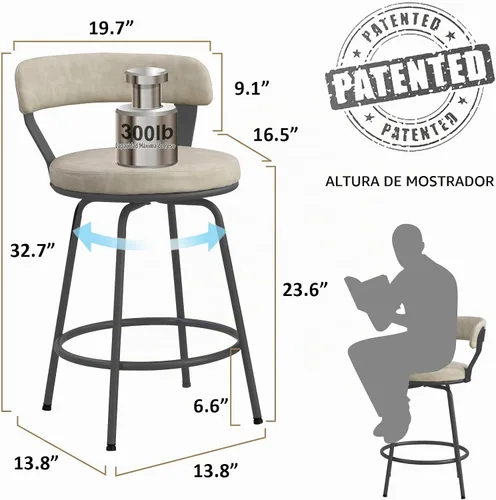 Vista 2 de Juego de 2 taburetes de bar de 24 pulgadas, taburetes giratorios de cuero con respaldo, color beige