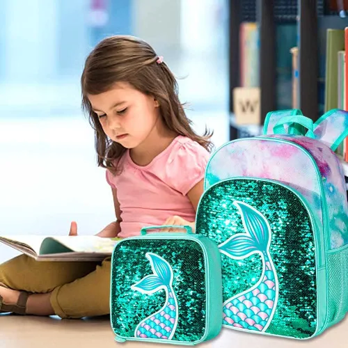 Vista 2 de 3 mochilas para niñas, 16 pulgadas con lentejuelas para preescolar y lonchera