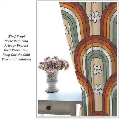 Vista 5 de Cortinas opacas de flores arcoíris para dormitorio, estilo retro abstracto, hippie, cortinas de ventana con aislamiento térmico para sala de estar