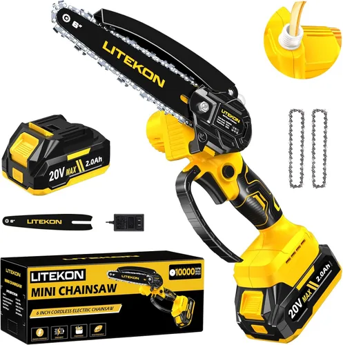 Vista 10 de Mini motosierra inalámbrica con batería de 2000 mAh y cargador rápido y 2 cadenas, la mejor motosierra eléctrica de 6 pulgadas con sistema de aceite
