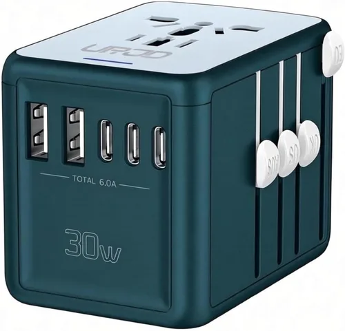 Vista 13 de Adaptador universal de viaje, carga rápida PD de 35 W, 5 puertos USB C/A 2500W AC Outlet, International Power Adapter for Europe UK US AU 200+
