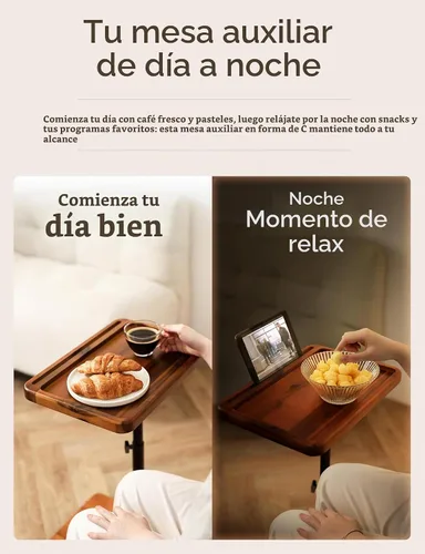 Vista 4 de HOLANA Mesa auxiliar ajustable en forma de C de madera de acacia – Mesa auxiliar giratoria de 360° para sofá – Mesa auxiliar pequeña para iPad