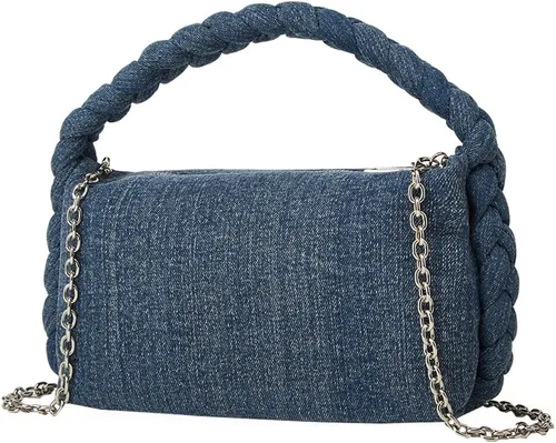 Vista 3 de Bolso de mezclilla vintage para mujer, bolso de mezclilla tejido con asa superior, bolso cruzado ligero de diseñador con cadena