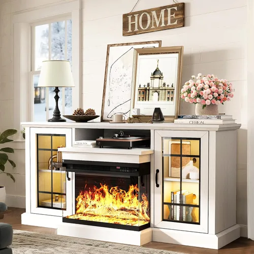Vista 17 de MXV - Soporte de chimenea para TV de 59 pulgadas, centro de entretenimiento estilo granja con soporte de TV de 3 lados de vidrio, consola multimedia