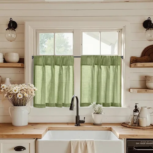 Vista 17 de Jinchan - Cortinas de cocina de lino rústico beige con bolsillo para barra, 26 x 36 pulgadas, 2 paneles