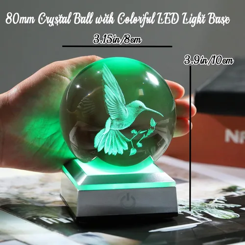 Vista 5 de Bola de cristal 3D grabada con colibrí en 3D con base LED colorida, esfera de vidrio de 8 cm, ideas para decoración del hogar y regalos para amigos